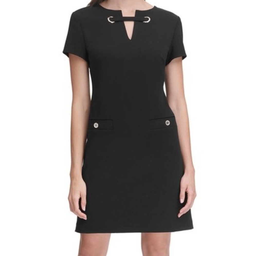 TOMMY HILFINGER BLACK GROMMET ACCENT NOTCH NECK 12